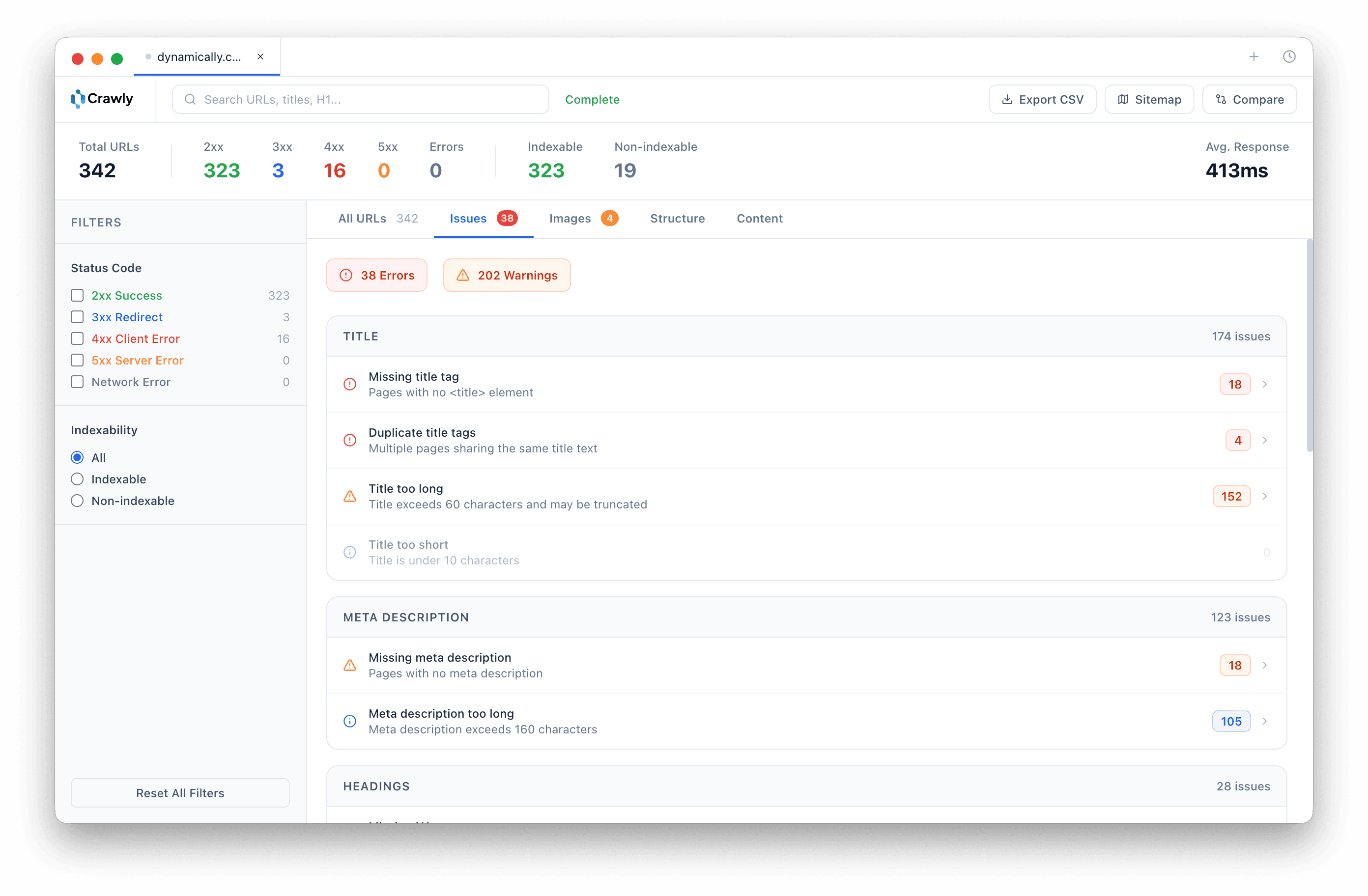 Crawly issues dashboard showing errors and warnings by category