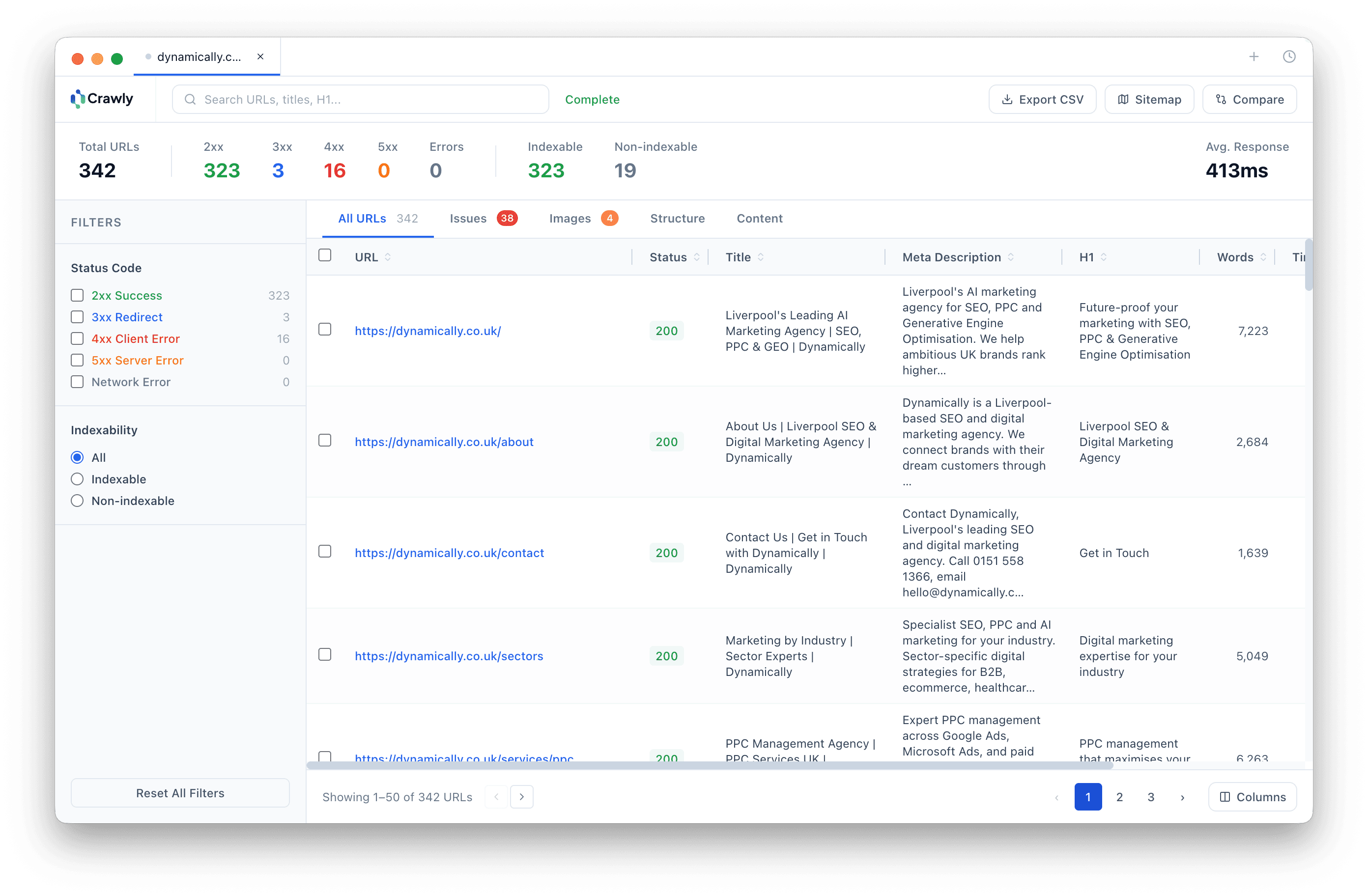 Crawly pages tab showing URLs with status codes, titles and meta descriptions